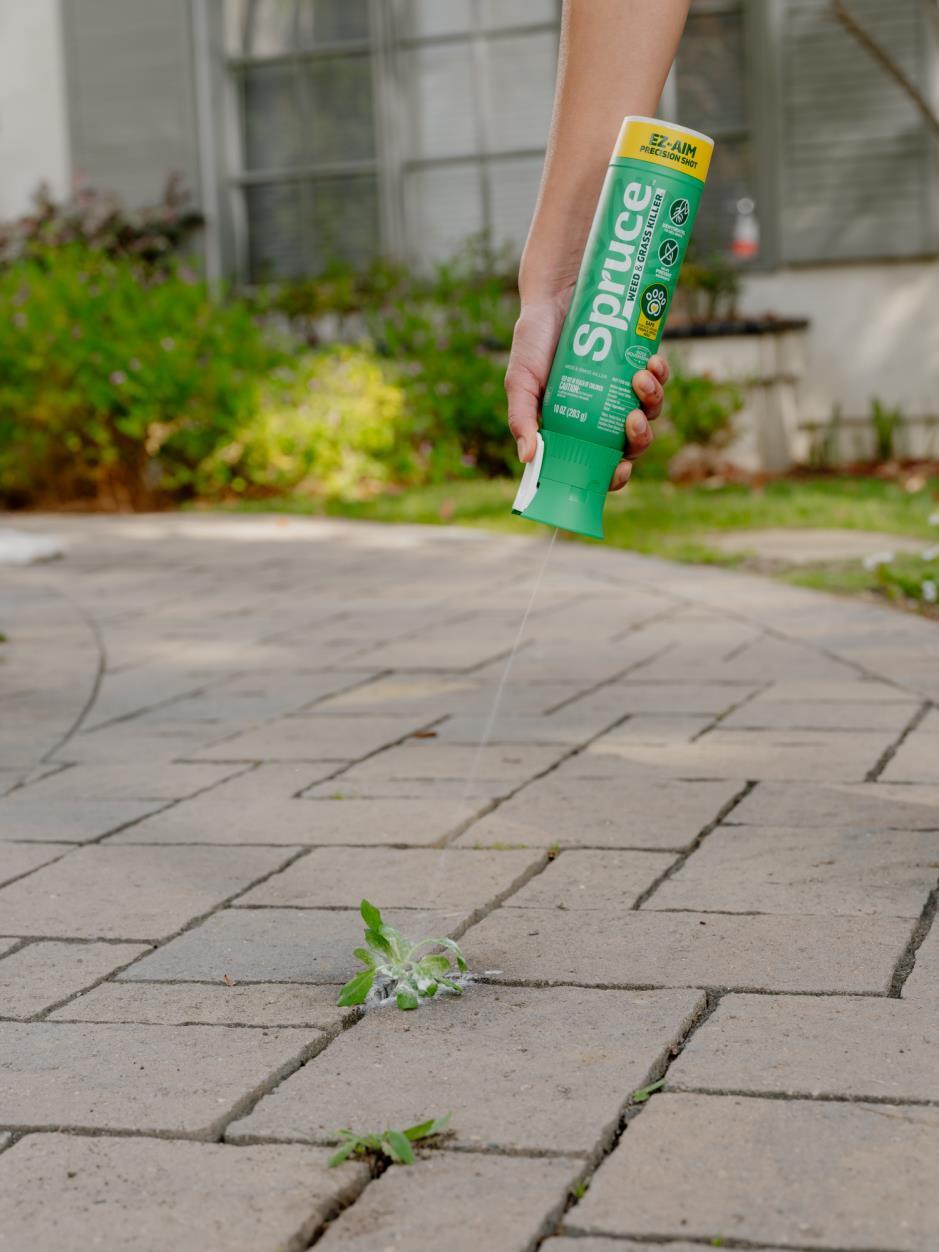 Spruce EZ-Aim product being applied to weed along brick path